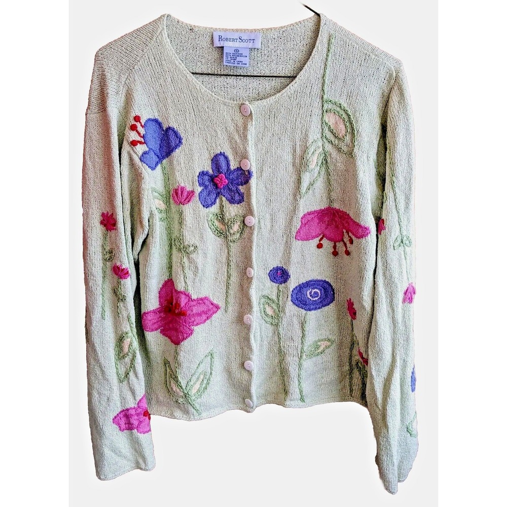 Vintage Robert Scott Cardigan Sweater S Silk Blend Folk Art Country Cottagecore